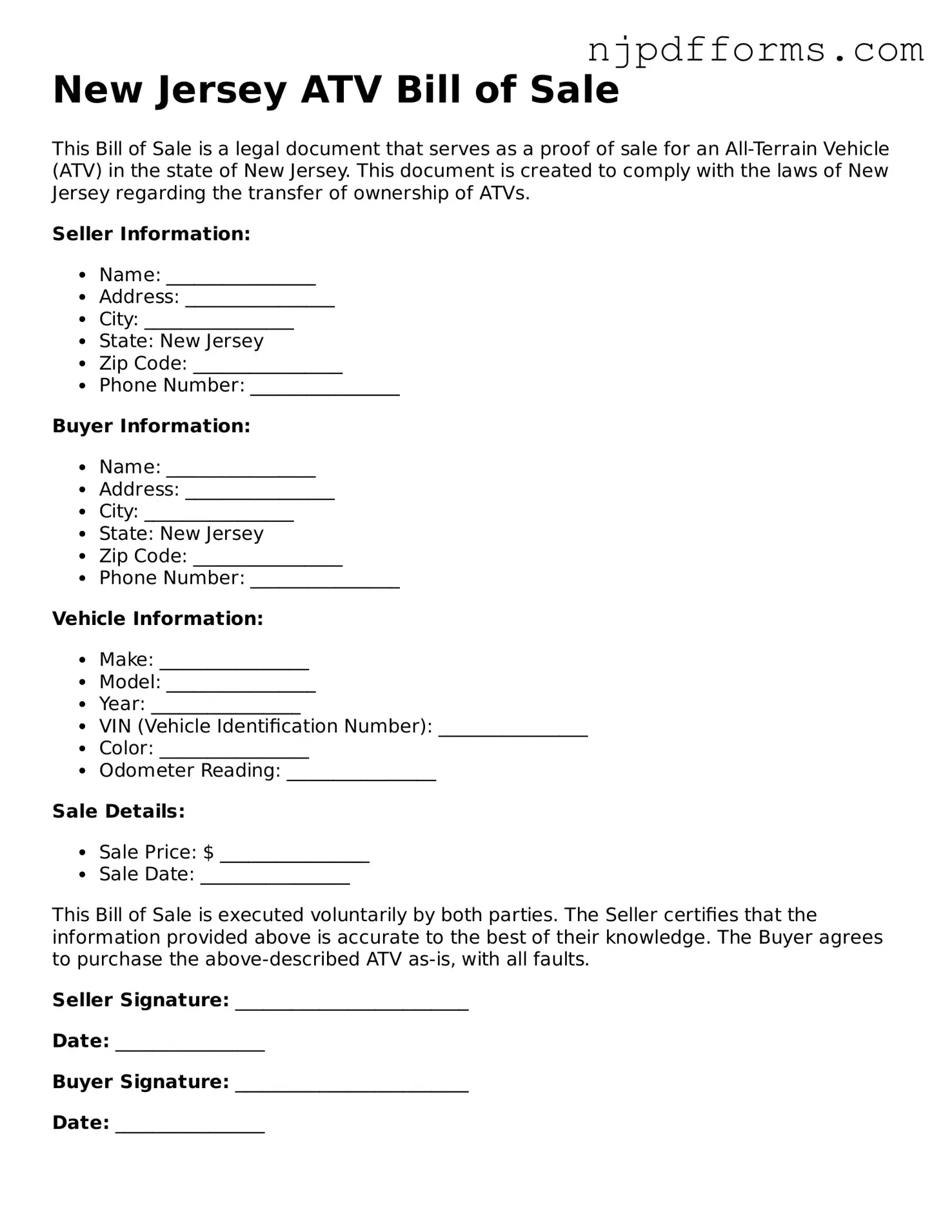 Attorney-Verified New Jersey ATV Bill of Sale Document