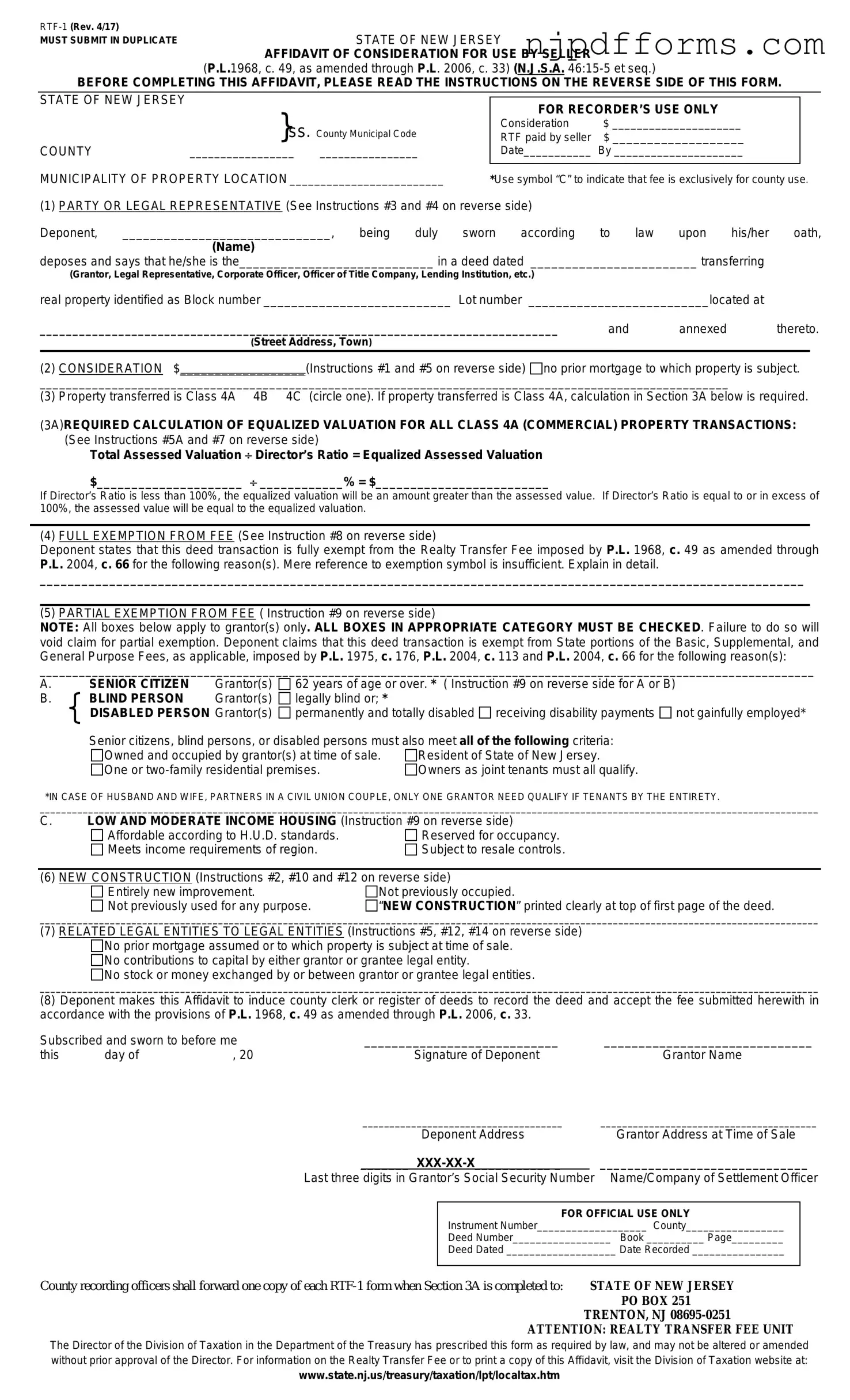 New Jersey Affidavit of Consideration RTF-1 Form