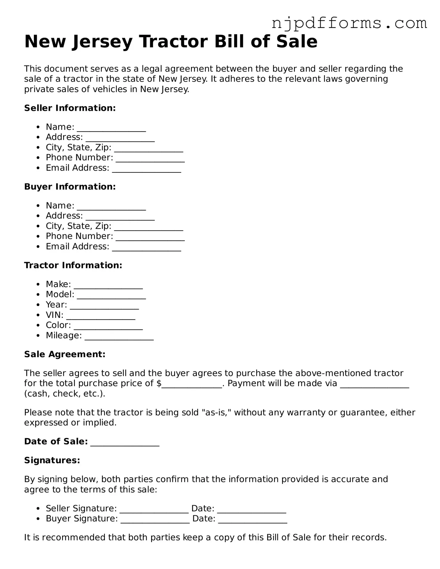 Attorney-Verified New Jersey Tractor Bill of Sale Document