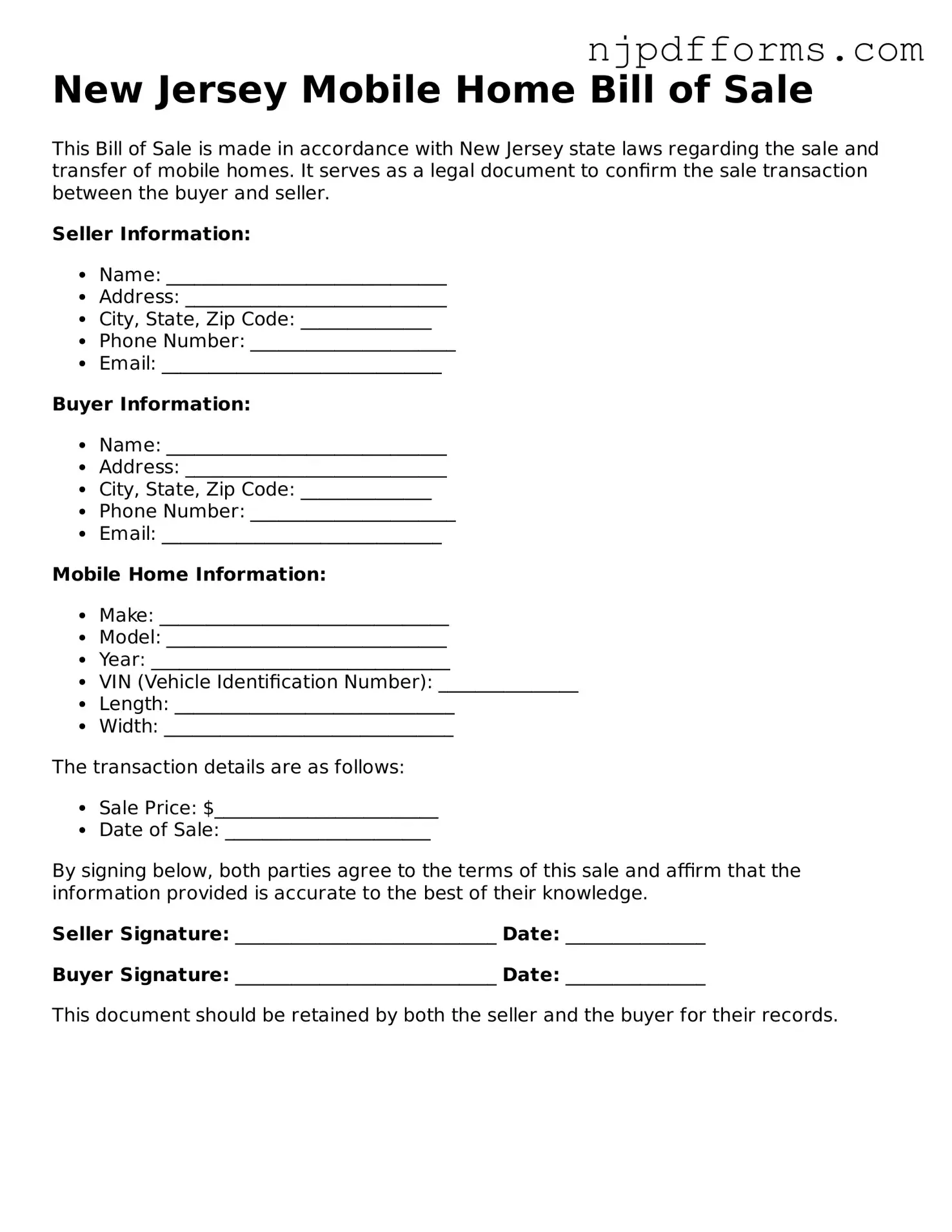 Attorney-Verified New Jersey Mobile Home Bill of Sale Document