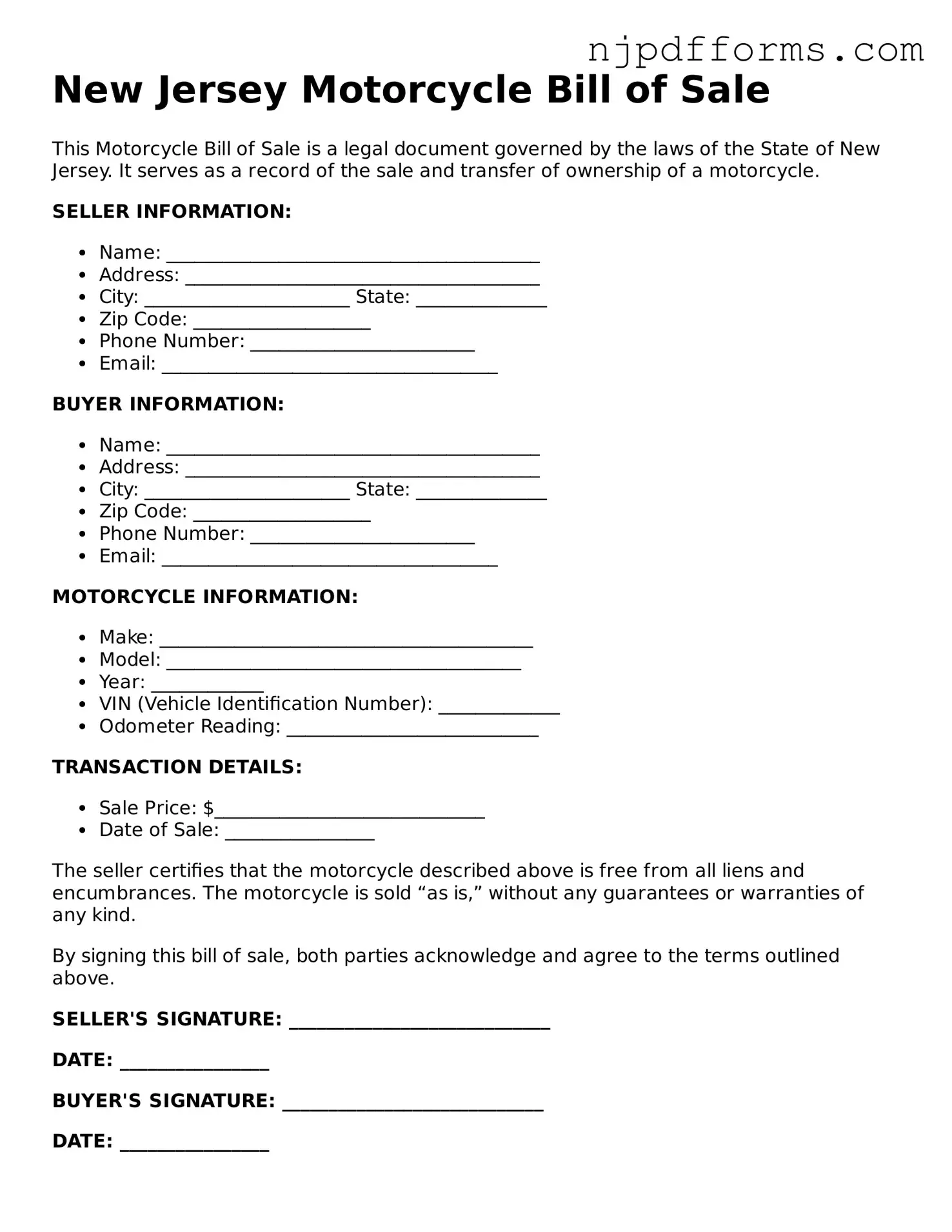 Attorney-Verified New Jersey Motorcycle Bill of Sale Document
