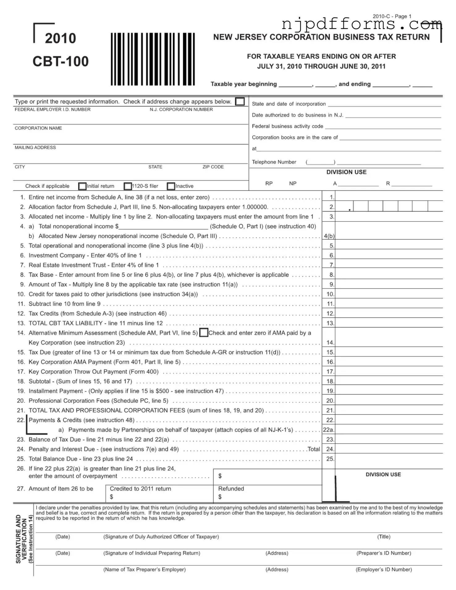 New Jersey Cbt 100 Form