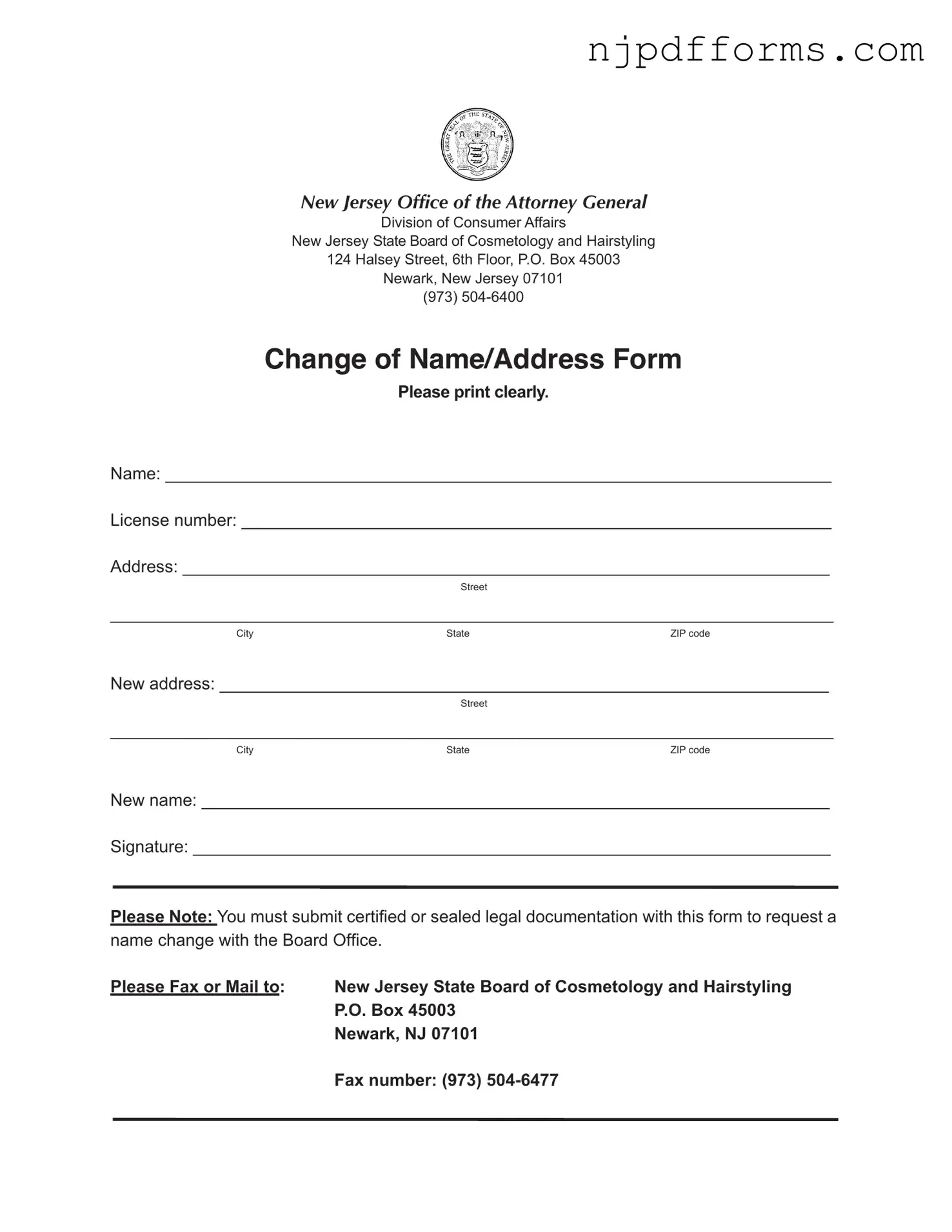 New Jersey Change Of Name Address Form