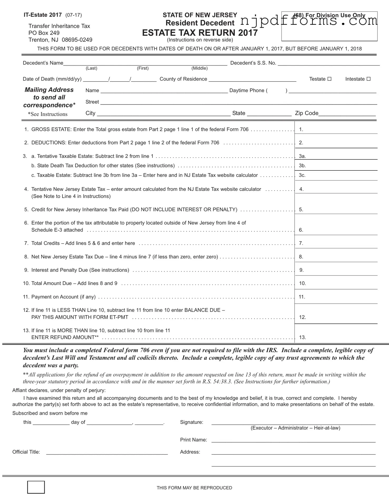 New Jersey Estate Tax Return Form