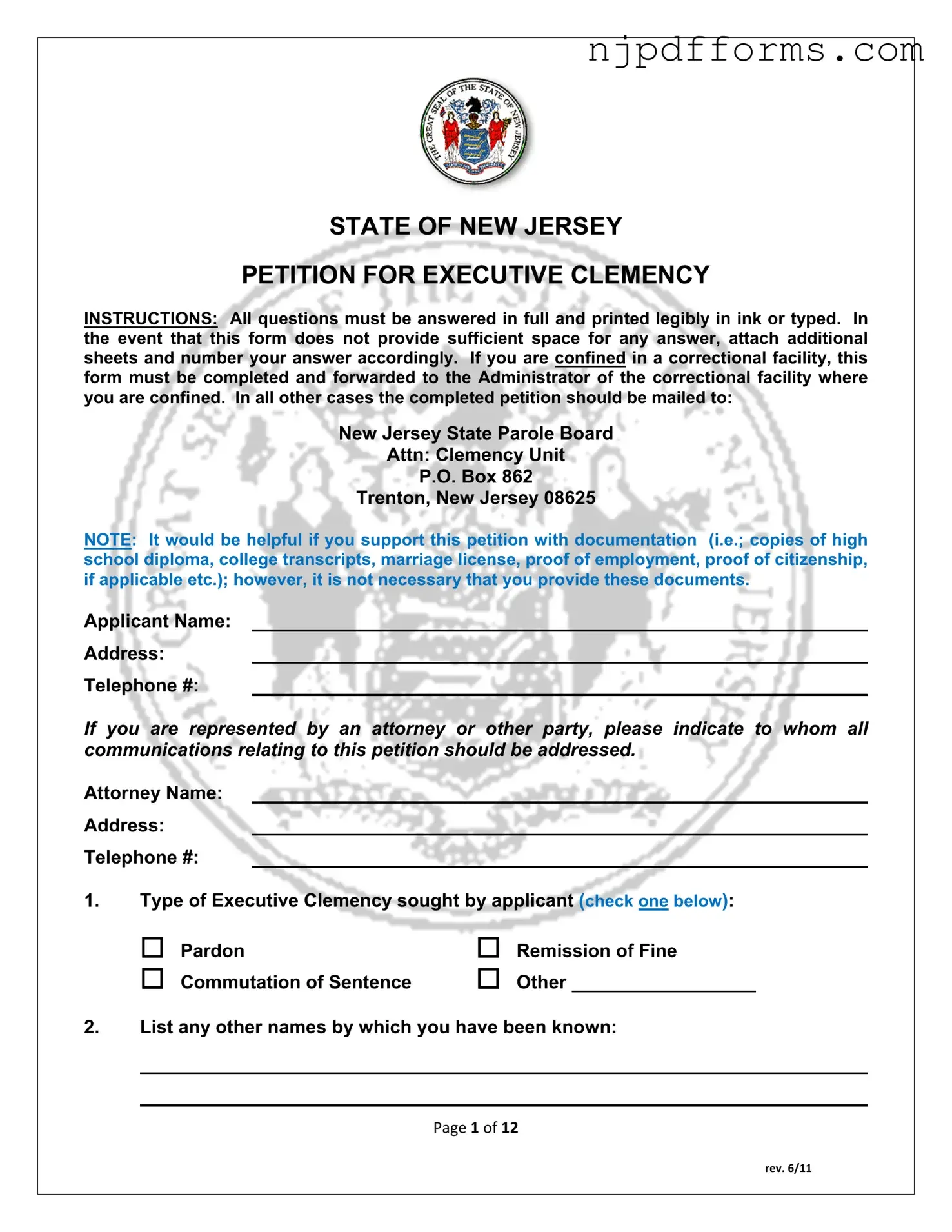 New Jersey Executive Clemency Form