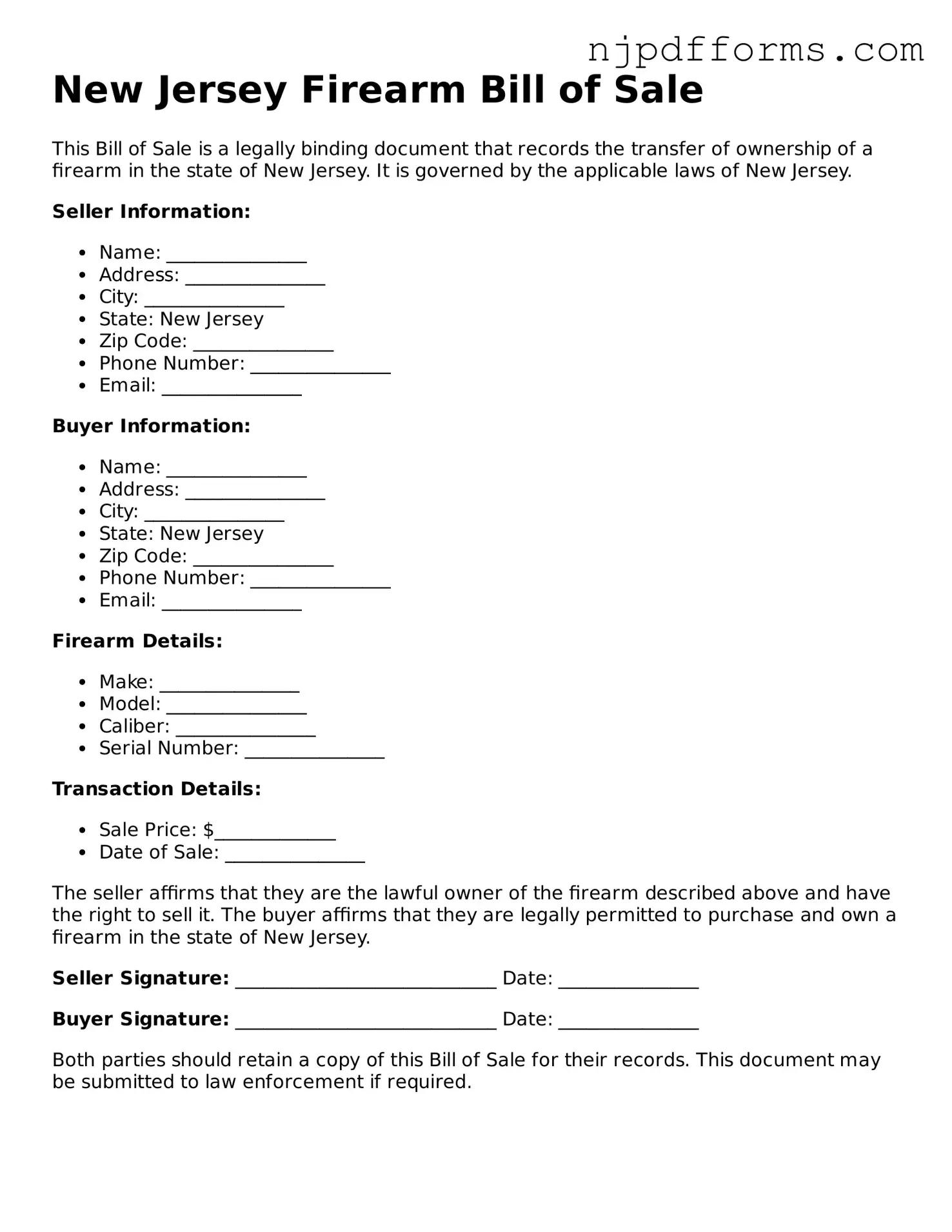 Attorney-Verified New Jersey Firearm Bill of Sale Document