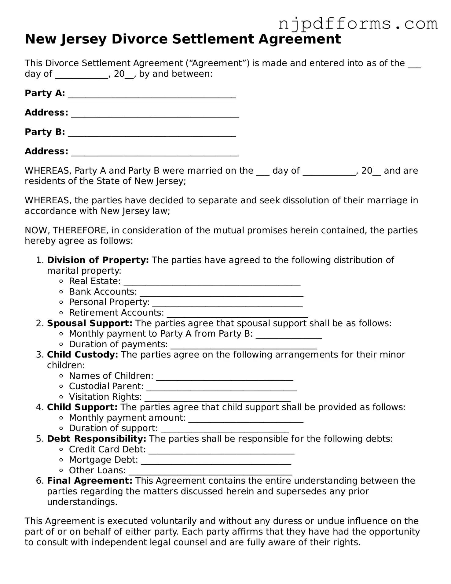 Attorney-Verified New Jersey Divorce Settlement Agreement Document