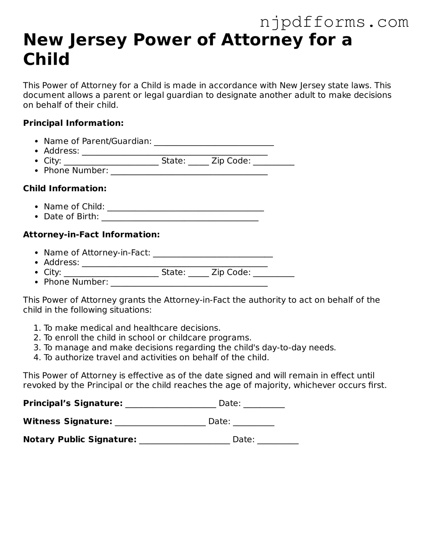 Attorney-Verified New Jersey Power of Attorney for a Child Document
