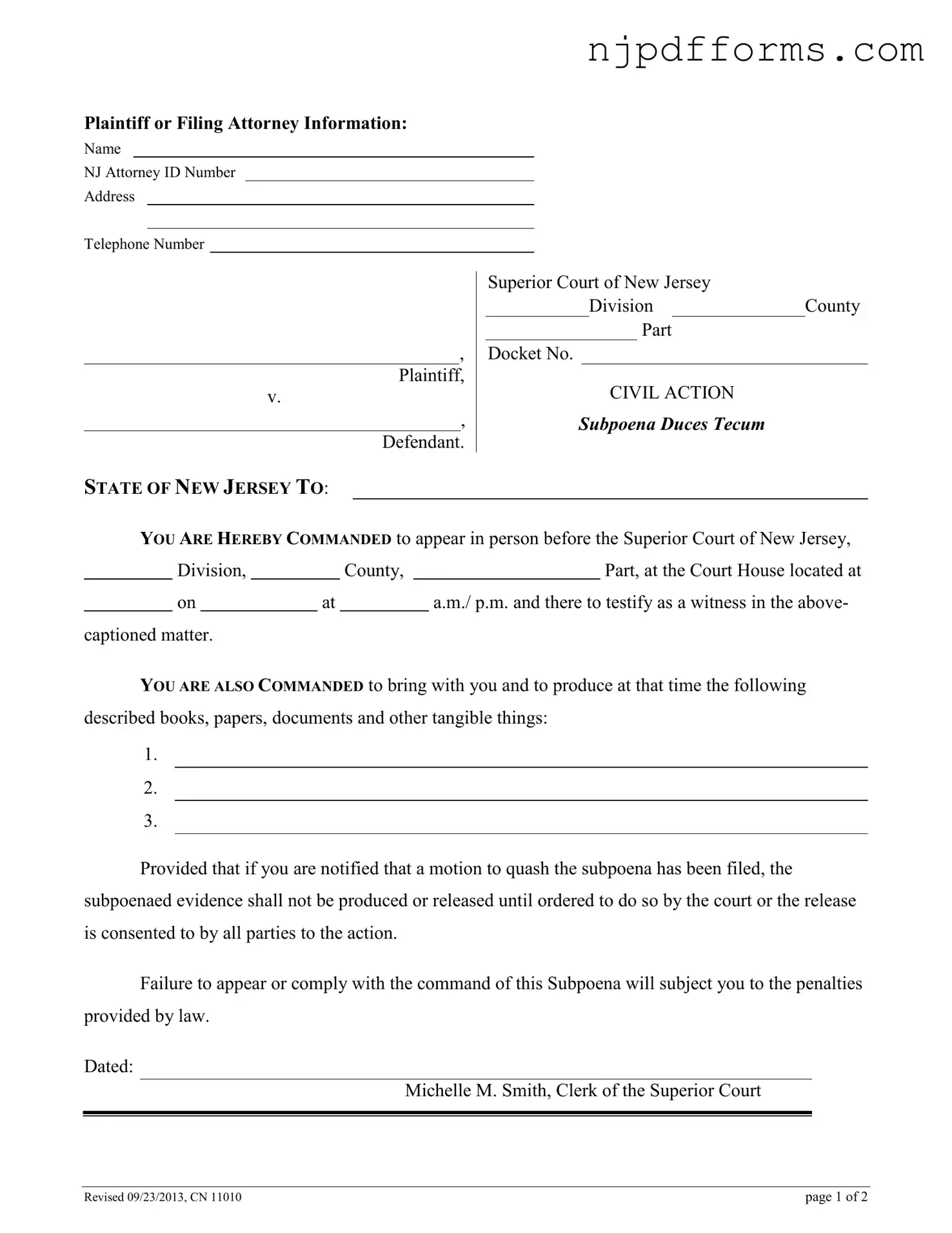 New Jersey Subpoena Form