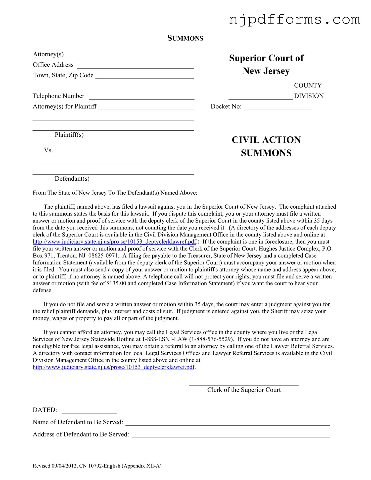 New Jersey Summons Form