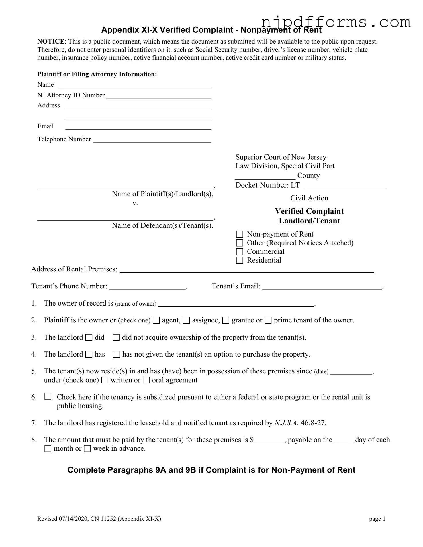 Verified Complaint Landlord Tenant New Jersey Form